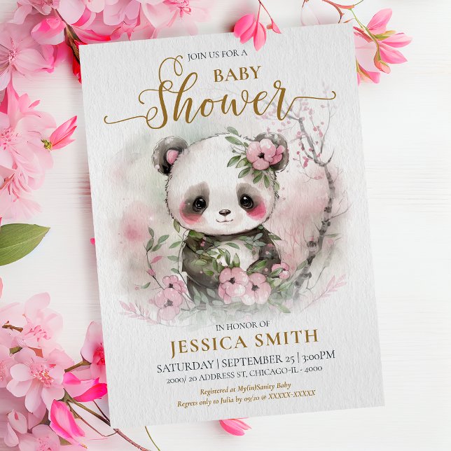 Whimsical Baby Panda & Cherry Blossom Baby Shower Invitation (Whimsical Girl Baby Panda & Cherry Blossoms Invitation: Cute, Playful, Irresistible! )
