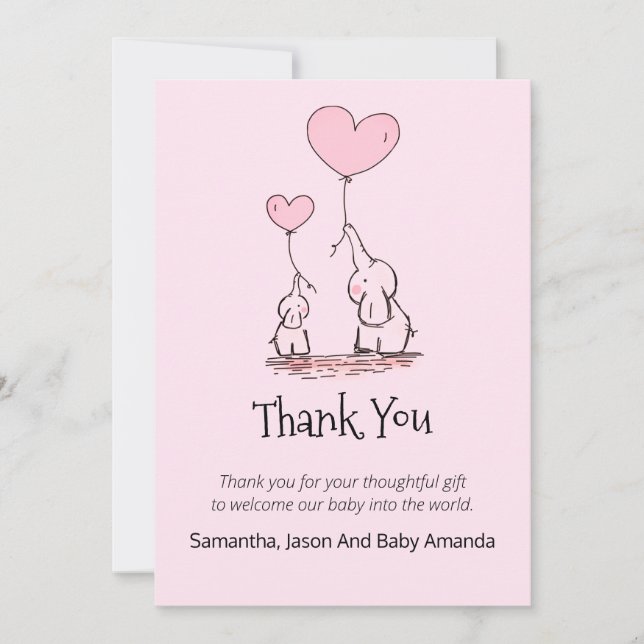 Whimsical Baby Shower Thank You | Elephants Pink (Front)