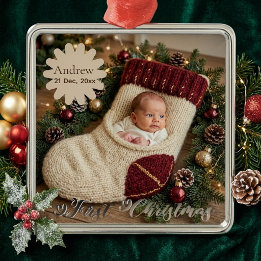 Whimsical Baby's First Christmas Stocking Photo Metal Tree Decoration