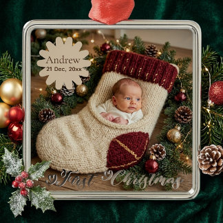 Whimsical Baby's First Christmas Stocking Photo Metal Tree Decoration
