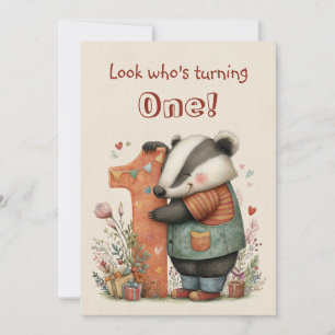 Whimsical Badger First Birthday One Year Old Flat Card