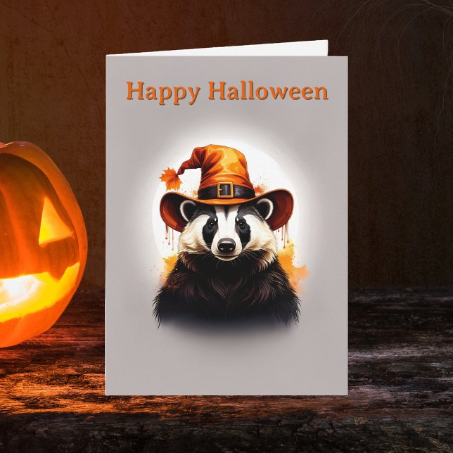 Whimsical Badger Orange Witch Hat Halloween Card (Happy Halloween Badger Witch Hat Greeting Card. Spooky Season Fall Greetings cards)