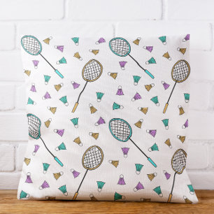 Whimsical Badminton Hand-Drawn Racquets Birdies Cushion