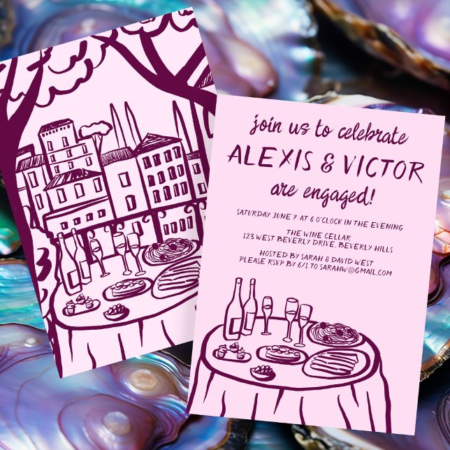 Whimsical Balcony Dinner Custom Engagement Party Invitation (Whimsical Balcony Dinner Custom Engagement Party Invitation Purple Couples Shower Wedding Cute
)