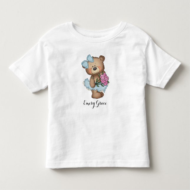 Whimsical Ballerina Bear with Flower Bouquet Toddler T-Shirt (Front)