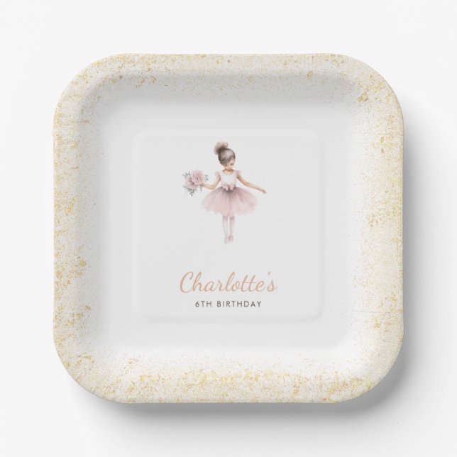 Whimsical Ballerina Birthday Girl Pink Floral Paper Plate (Front)