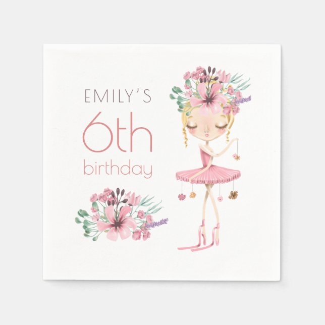 Whimsical Ballerina Floral 6th Birthday Party Girl Napkin (Front)
