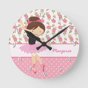 Whimsical Ballerina Floral Pink Girly Personalised Round Clock