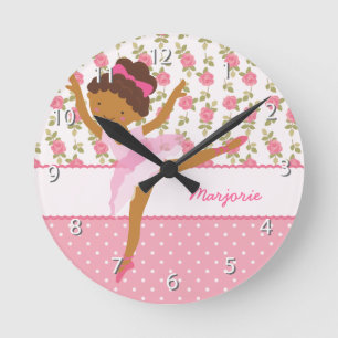 Whimsical Ballerina Girly Floral Pink Personalised Round Clock