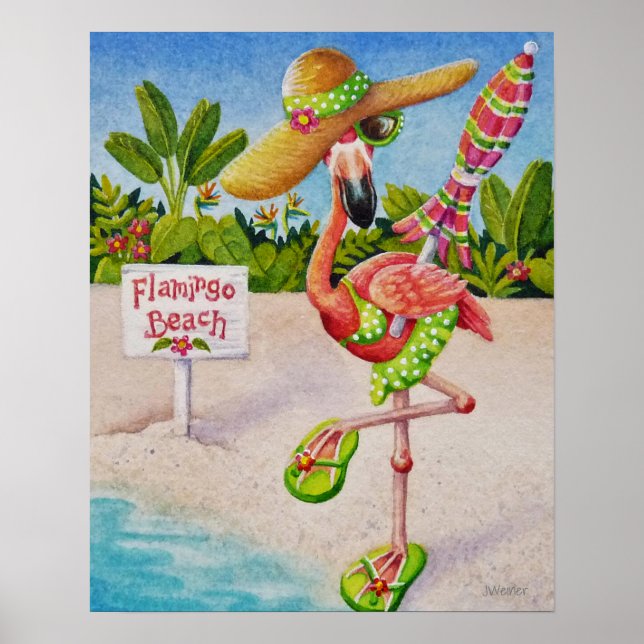 Whimsical Beach Babe Flamingo 2 Watercolor 16x20 Poster (Front)