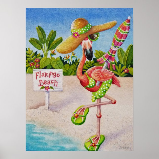 Whimsical Beach Babe Flamingo 2 Watercolor 18x24 Poster (Front)
