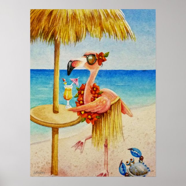 Whimsical Beach Babe Flamingo 4 Watercolor 18x24 Poster (Front)