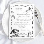 Whimsical Beach Hand Drawn Black White Wedding Invitation<br><div class="desc">Get your guests excited for your special day with this fun whimsical and stylish black and white beach wedding invitation! Featuring simple original, hand-drawn doodle sketches of seashells, waves, and coastal charm, this design brings playful energy to your celebration. Script font and a soft wavy black frame on a crisp...</div>