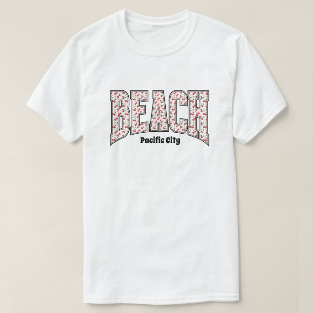 Whimsical BEACH Red Cherry Varsity Letters  T-Shirt (Design Front)