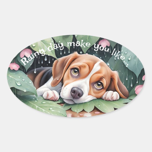 Whimsical Beagle Rainy Day Green Leaves Oval Sticker (Front)