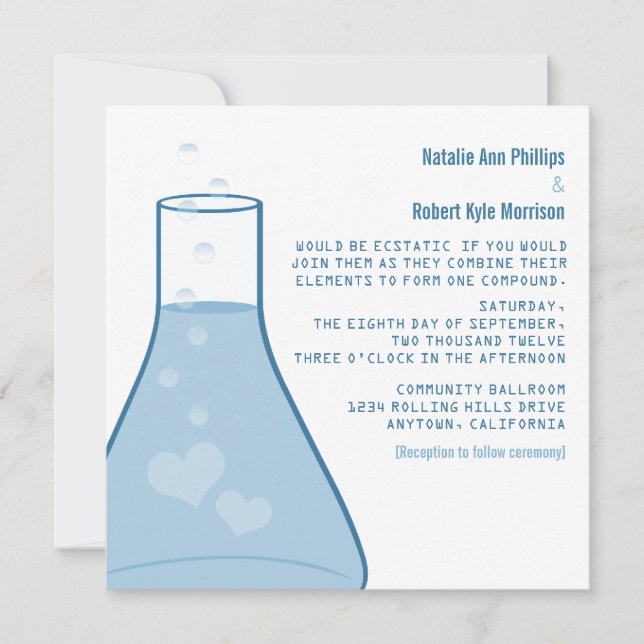 Whimsical Beaker Wedding Invite, Blue Invitation (Front)