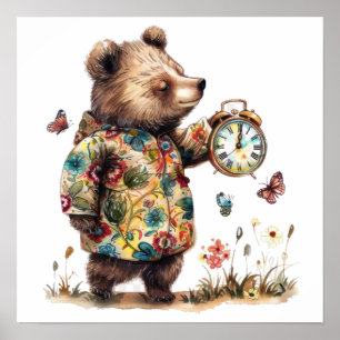 Whimsical bear holding vintage clock Small Poster