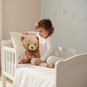 Whimsical Bear Mushroom Watercolor Childrens Room Cushion