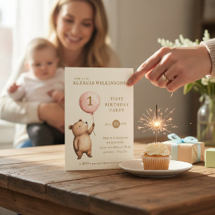 Whimsical Bear "One" Heart Balloon Birthday Invitation