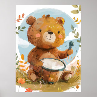 Whimsical Bear Playing Drum Nursery Wall Art