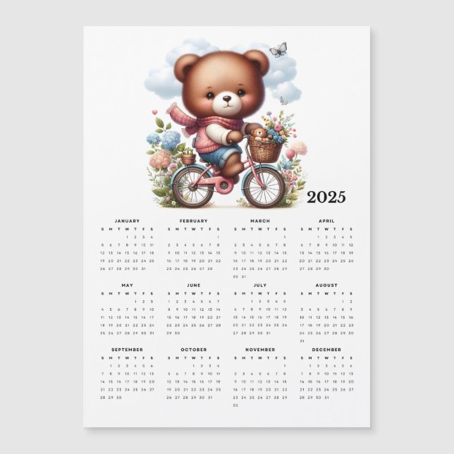 Whimsical Bear Riding Bicycle 2025 Magnet Calendar (Front)