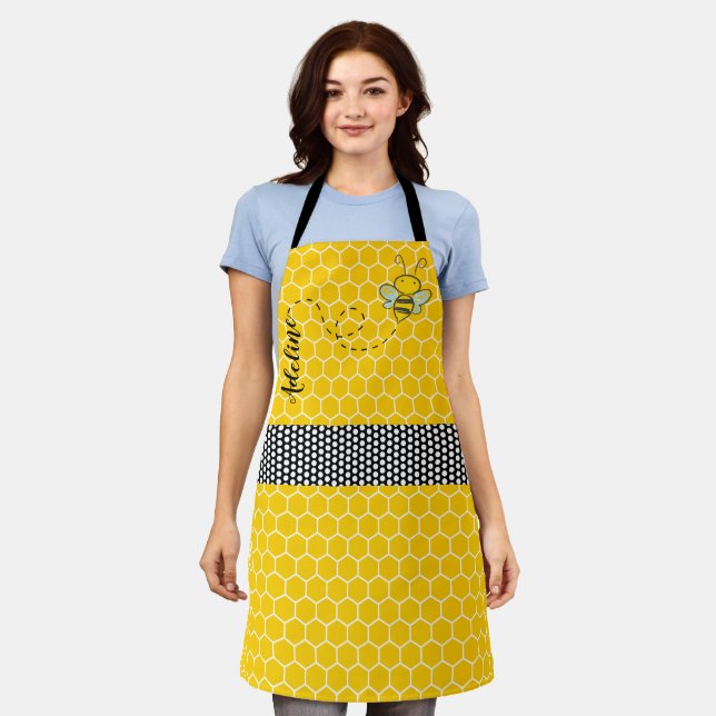 Whimsical Bee and Honeycomb Personalised Apron (Worn)