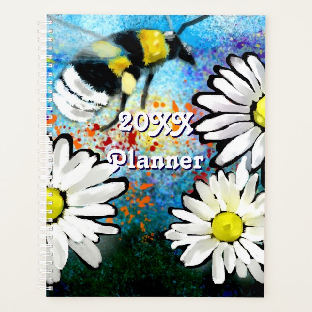 Whimsical Bee Daisies Daisy Flower Blue White Planner (Front)