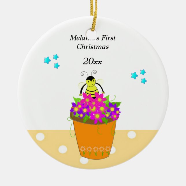 Whimsical Bee Flower Pot Baby's First Christmas Ceramic Tree Decoration (Front)