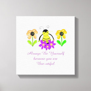 Whimsical Bee with Flowers and Saying Canvas Print