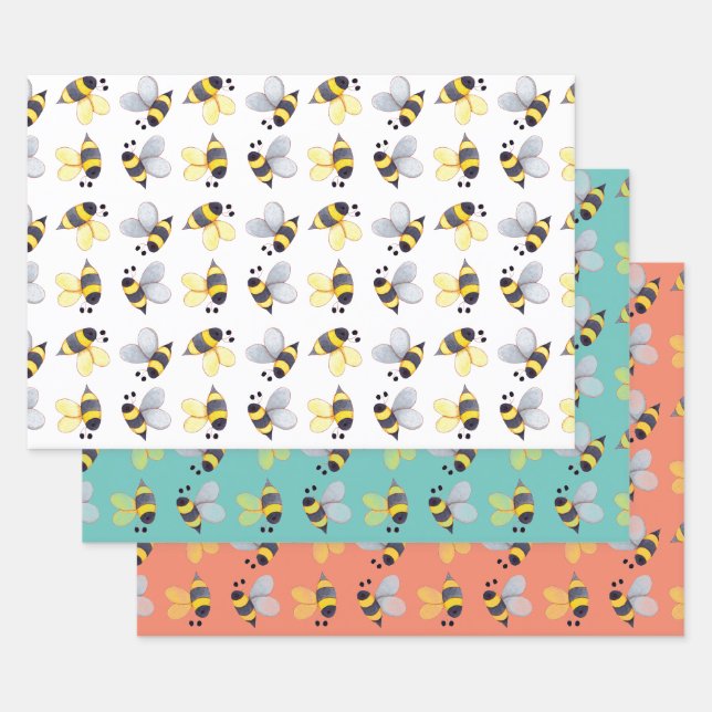 Whimsical Bees Pattern Trio III Wrapping Paper Sheet (Set)