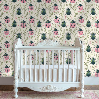 Whimsical Beetle and Botanical Peel-and-Stick Wallpaper