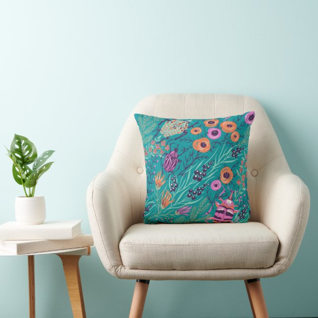 Whimsical Beetle & Wildflower Botanical Pillow (Chair)