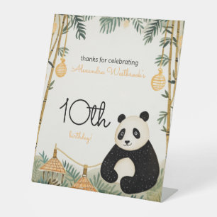 Whimsical Beige Bamboo and Panda Birthday Party Pedestal Sign