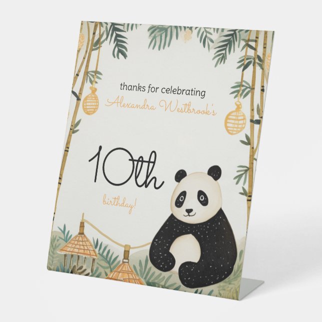 Whimsical Beige Bamboo and Panda Birthday Party Pedestal Sign (Front)