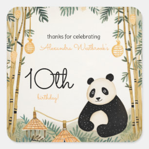 Whimsical Beige Bamboo and Panda Birthday Party Square Sticker