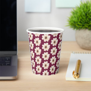 Whimsical  Beige Flowers on Red Paper Cups