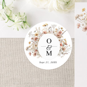 Whimsical Beige Meadow Wildflower Monogram Wedding Classic Round Sticker