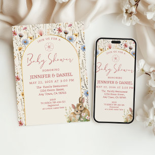 Whimsical Beige Wildflower Bunnies Baby Shower  Invitation