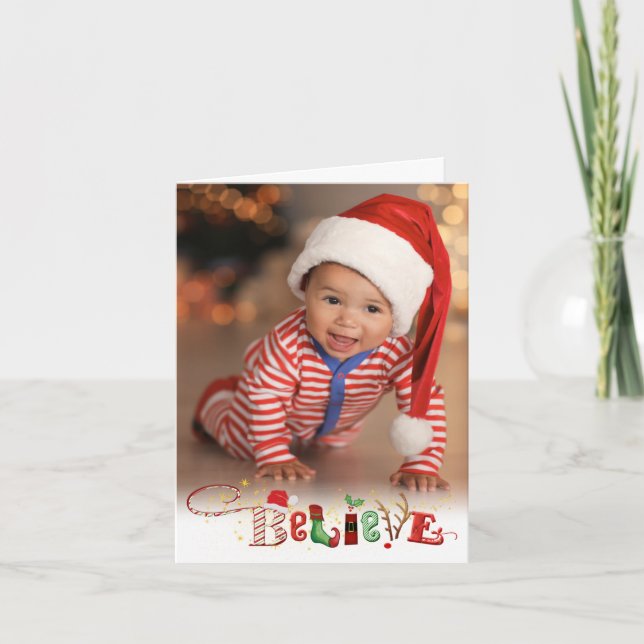 Whimsical BELIEVE, 3 Photo, Holiday Letter Option (Front)