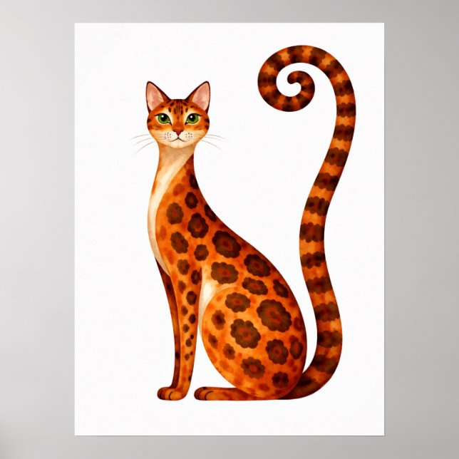 Whimsical Bengal Cat Watercolor Poster (Front)