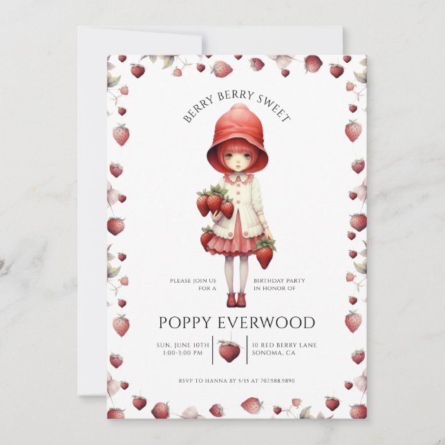 Whimsical Berry Sweet Girl's Birthday Party Invitation (Front)