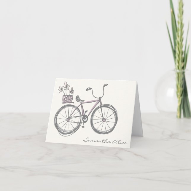Whimsical Bicycle Illustration Lavender Grey Name Note Card (Front)