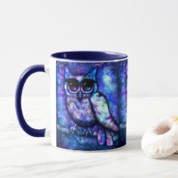 Whimsical Big-Eye Owl Bird Blue Purple Night