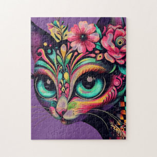 Whimsical Big-Eye Retro Diva Cat Kitty Jigsaw Puzzle