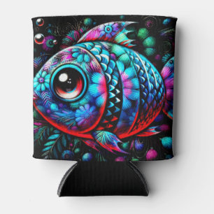 Whimsical Big-Eyed Floral Fish Nautical Teal Pink Can Cooler