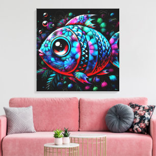 Whimsical Big-Eyed Floral Fish Nautical Teal Pink Canvas Print