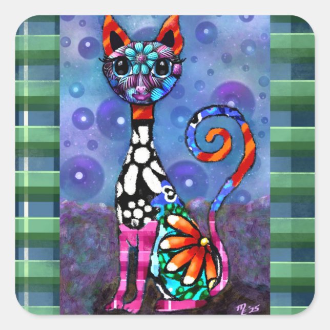 Whimsical Big-Eyed Funky Abstract Kitty Cat Square Sticker (Front)