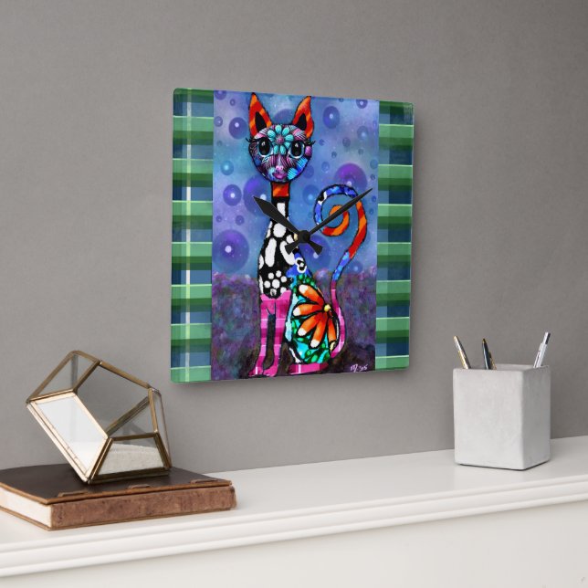 Whimsical Big-Eyed Funky Abstract Kitty Cat Square Wall Clock (Office)