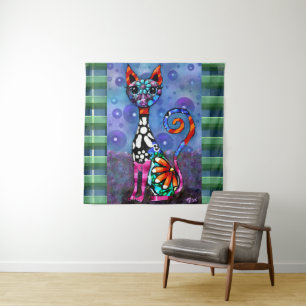 Whimsical Big-Eyed Funky Kitty Cat Abstract Tapestry