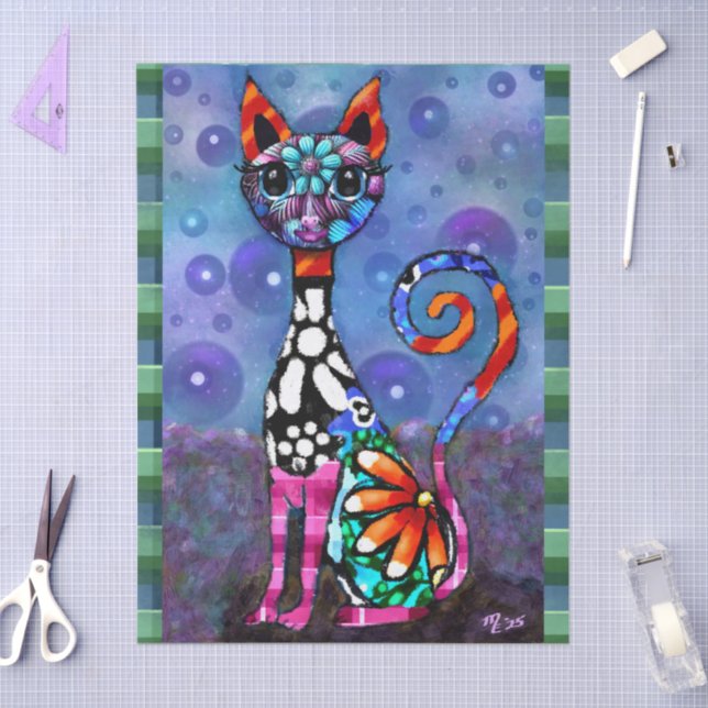 Whimsical Big-Eyed Funky Kitty Cat Decoupage Tissue Paper (Craft)